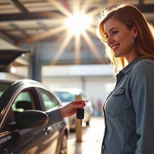 A happy customer, Emily Carter, receiving her keys after a successful car repair at AutoFix Garage