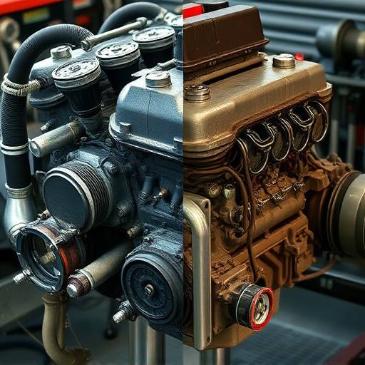Before and after images of a damaged engine undergoing successful repair