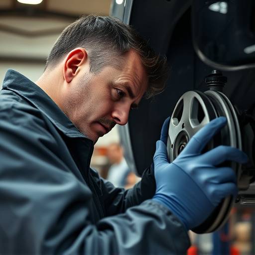 Mechanic inspecting a vehicle's brake system