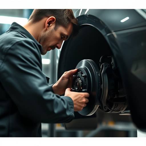 Mechanic inspecting car brakes