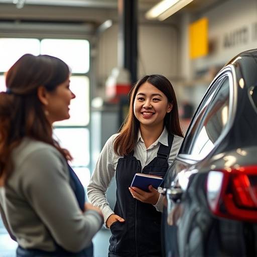 Sarah Chen, service advisor, discussing repair options with a customer at AutoFix Garage